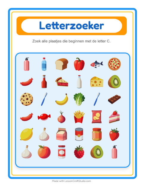 Voorbeeld van het Zoek En Tel-werkblad met In de supermarkt voor peuterklas