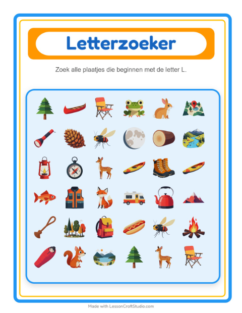 Voorbeeld van het Zoek En Tel-werkblad met Kamperen voor peuterklas