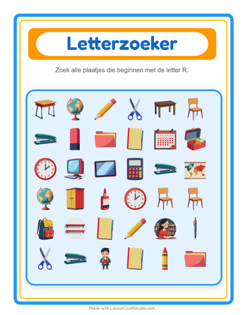 Voorbeeld van het Zoek En Tel-werkblad met Klaslokaal voor peuterklas