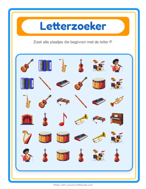 Voorbeeld van het Zoek En Tel-werkblad met Muziek voor peuterklas