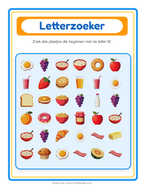 Voorbeeld van het Zoek En Tel-werkblad met Ontbijt voor peuterklas