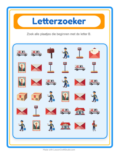 Voorbeeld van het Zoek En Tel-werkblad met Postkantoor voor peuterklas
