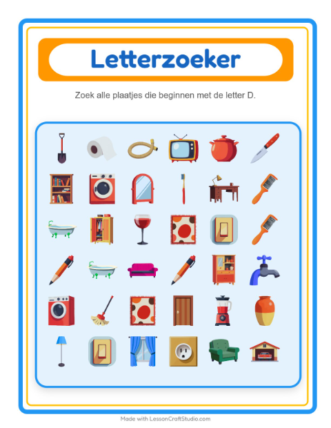 Voorbeeld van het Zoek En Tel-werkblad met Rond het huis voor peuterklas