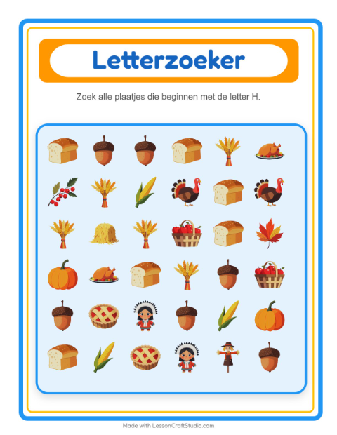 Voorbeeld van het Zoek En Tel-werkblad met Thanksgiving voor peuterklas