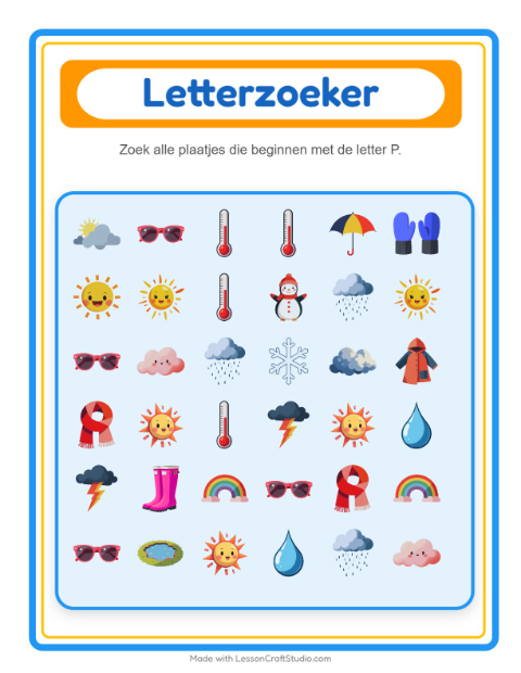 Voorbeeld van het Zoek En Tel-werkblad met Weer voor peuterklas