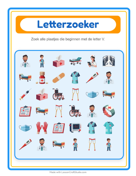 Voorbeeld van het Zoek En Tel-werkblad met Ziekenhuis voor peuterklas