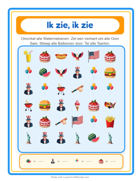Voorbeeld van het Zoek En Tel-werkblad met 4 juli voor peuterklas