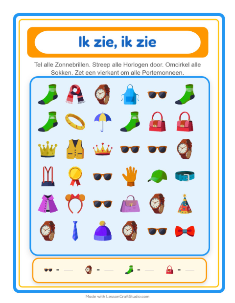 Voorbeeld van het Zoek En Tel-werkblad met Accessoires voor peuterklas