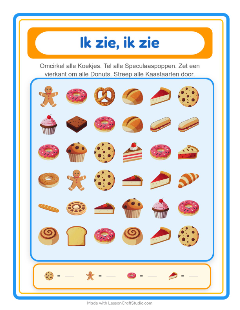 Voorbeeld van het Zoek En Tel-werkblad met Bakkerij voor peuterklas