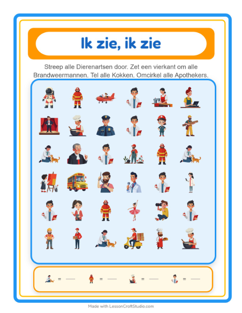 Voorbeeld van het Zoek En Tel-werkblad met Beroepen voor peuterklas