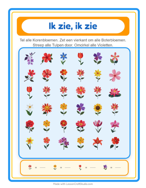 Voorbeeld van het Zoek En Tel-werkblad met Bloemen voor peuterklas
