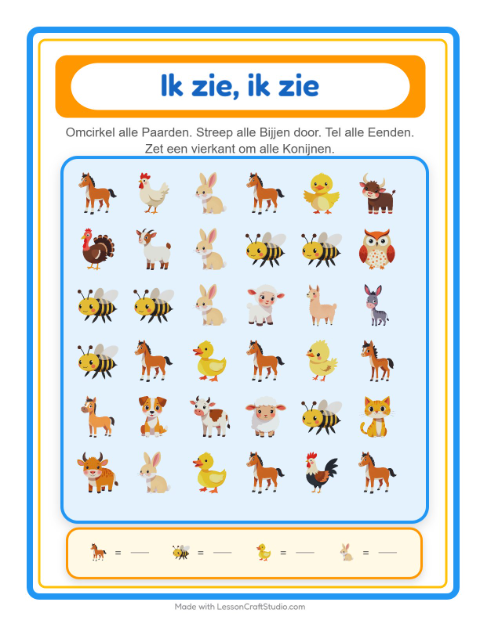 Voorbeeld van het Zoek En Tel-werkblad met Boerderijdieren voor peuterklas