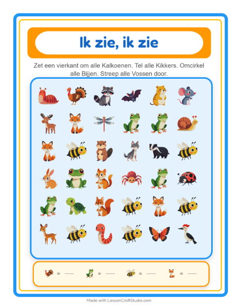 Voorbeeld van het Zoek En Tel-werkblad met Boswezens voor peuterklas