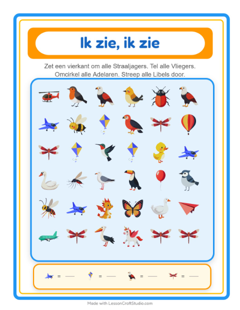 Voorbeeld van het Zoek En Tel-werkblad met Dingen die vliegen voor peuterklas