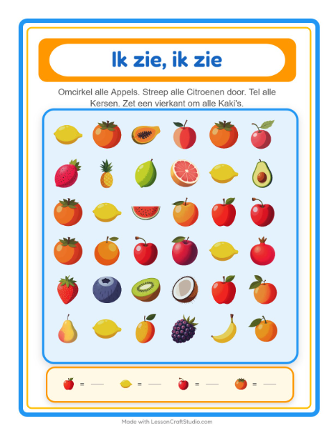 Voorbeeld van het Zoek En Tel-werkblad met Fruit voor peuterklas