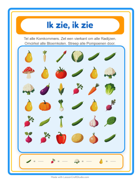 Voorbeeld van het Zoek En Tel-werkblad met Groenten voor peuterklas