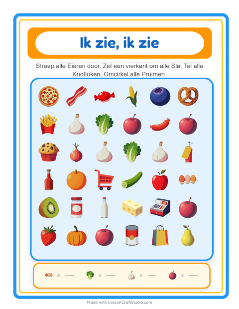 Voorbeeld van het Zoek En Tel-werkblad met In de supermarkt voor peuterklas