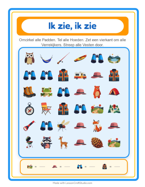 Voorbeeld van het Zoek En Tel-werkblad met Kamperen voor peuterklas