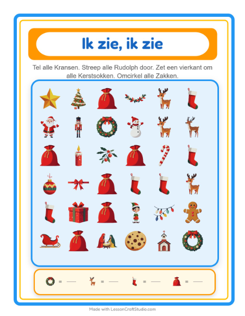 Voorbeeld van het Zoek En Tel-werkblad met Kerstmis voor peuterklas