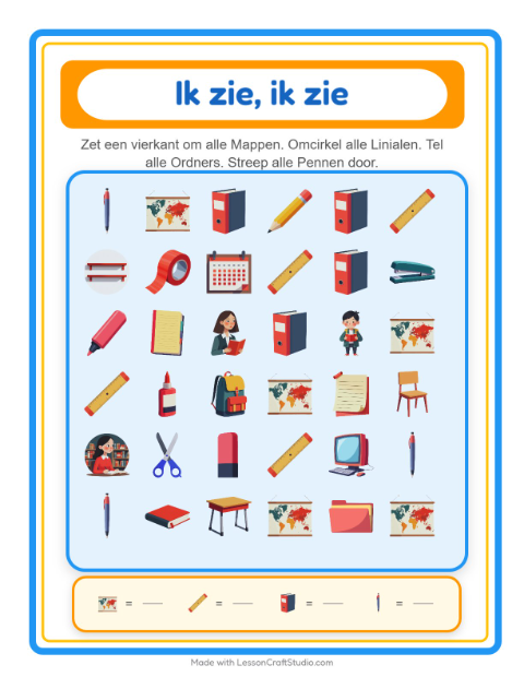 Voorbeeld van het Zoek En Tel-werkblad met Klaslokaal voor peuterklas