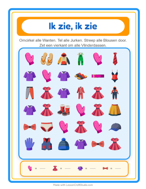 Voorbeeld van het Zoek En Tel-werkblad met Kleding voor peuterklas