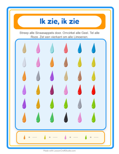 Voorbeeld van het Zoek En Tel-werkblad met Kleuren voor peuterklas