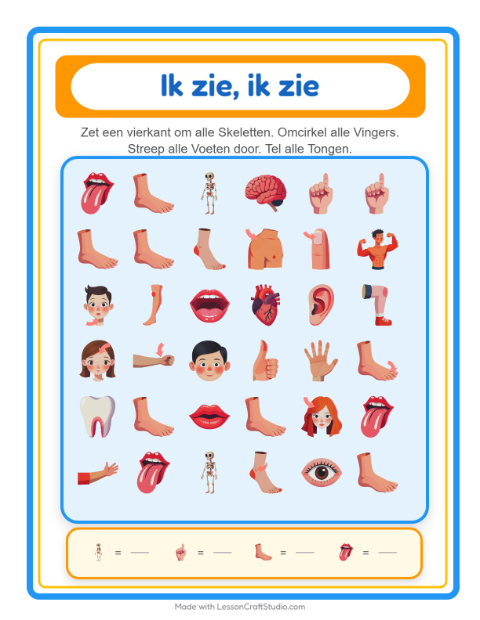 Voorbeeld van het Zoek En Tel-werkblad met Lichaamsdelen voor peuterklas