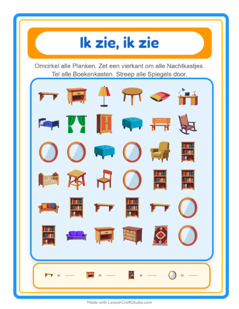Voorbeeld van het Zoek En Tel-werkblad met Meubels voor peuterklas