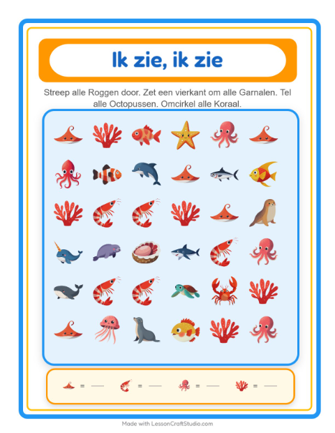 Voorbeeld van Zoek en tel zeedieren – werkblad voor kleuters