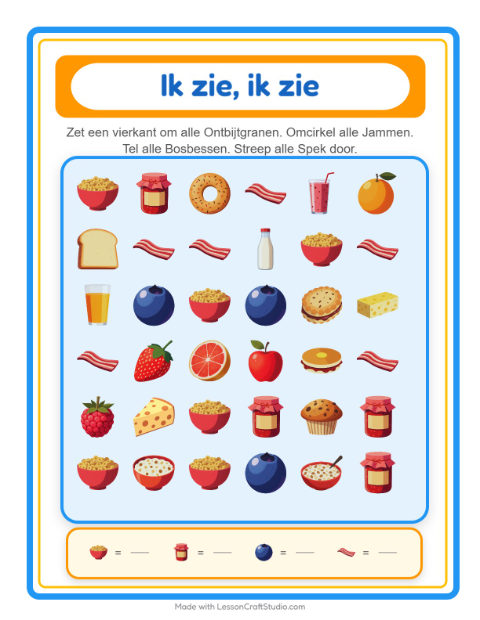 Voorbeeld van het Zoek En Tel-werkblad met Ontbijt voor peuterklas