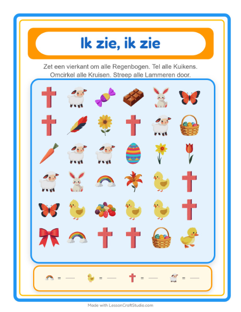 Voorbeeld van het Zoek En Tel-werkblad met Pasen voor peuterklas
