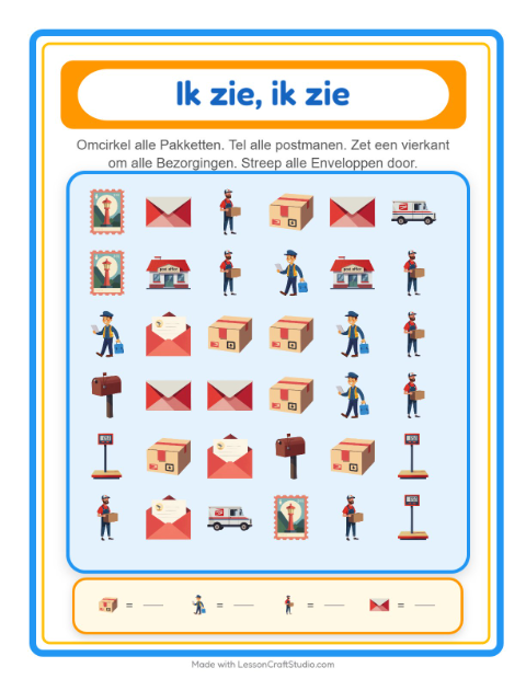 Voorbeeld van het Zoek En Tel-werkblad met Postkantoor voor peuterklas