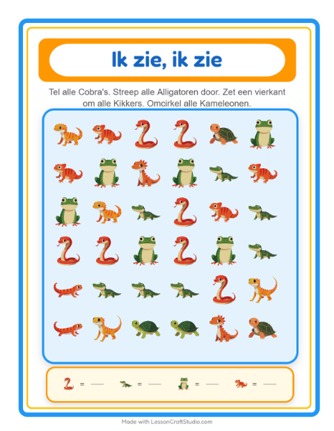 Voorbeeld van het Zoek En Tel-werkblad met Reptielen en amfibieën voor peuterklas