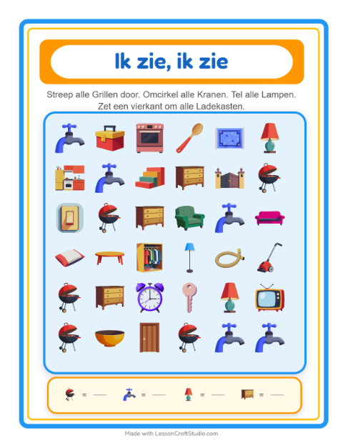 Voorbeeld van het Zoek En Tel-werkblad met Rond het huis voor peuterklas