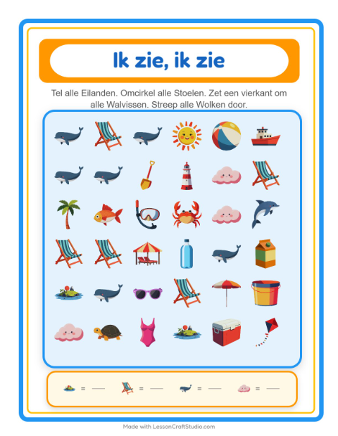 Voorbeeld van het Zoek En Tel-werkblad met Strand voor peuterklas