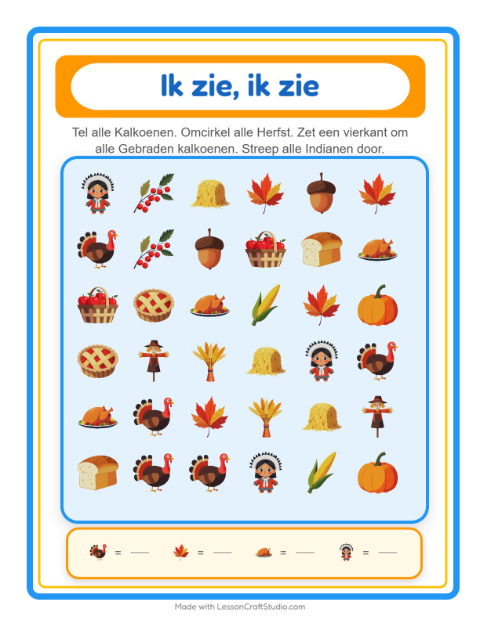 Voorbeeld van het Zoek En Tel-werkblad met Thanksgiving voor peuterklas
