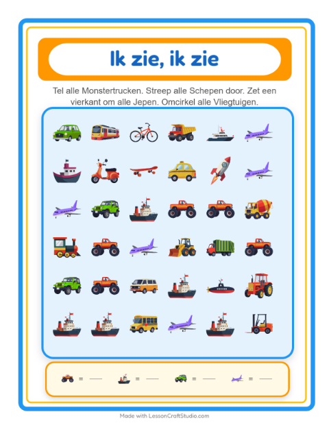 Voorbeeld van het Zoek En Tel-werkblad met Voertuigen voor peuterklas