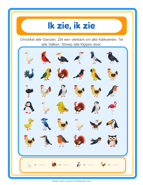Voorbeeld van het Zoek En Tel-werkblad met Vogels 2 voor peuterklas