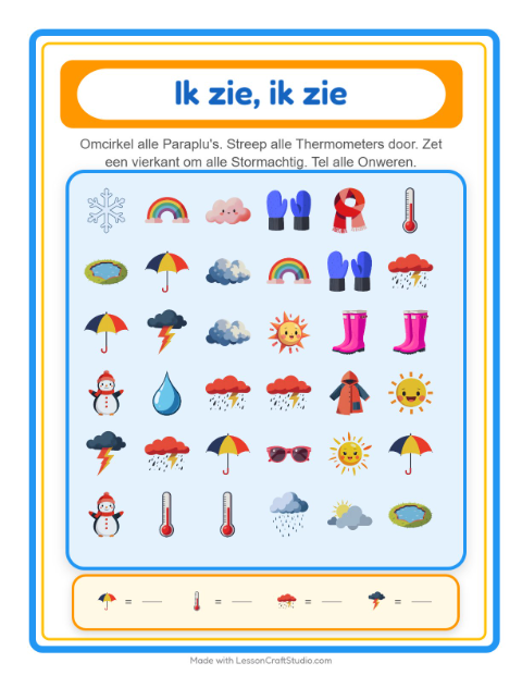 Voorbeeld van het Zoek En Tel-werkblad met Weer voor peuterklas