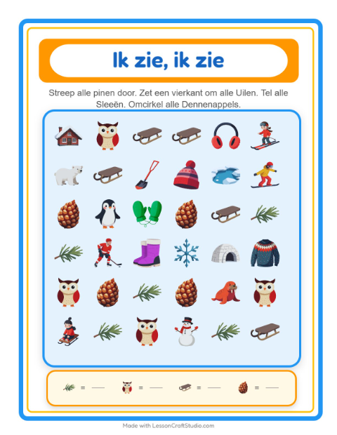 Voorbeeld van het Zoek En Tel-werkblad met Winter voor peuterklas