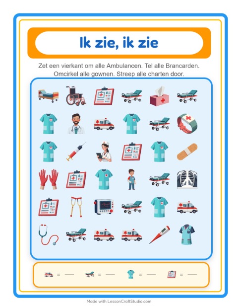 Voorbeeld van het Zoek En Tel-werkblad met Ziekenhuis voor peuterklas