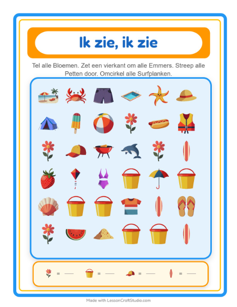 Voorbeeld van het Zoek En Tel-werkblad met Zomer voor peuterklas