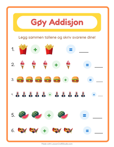 Forhåndsvisning av Addisjon-arbeidsark med 4. juli for Barnehage (5-7 år)