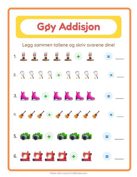 Forhåndsvisning av Addisjon-arbeidsark med Aktiviteter for Barnehage (5-7 år)