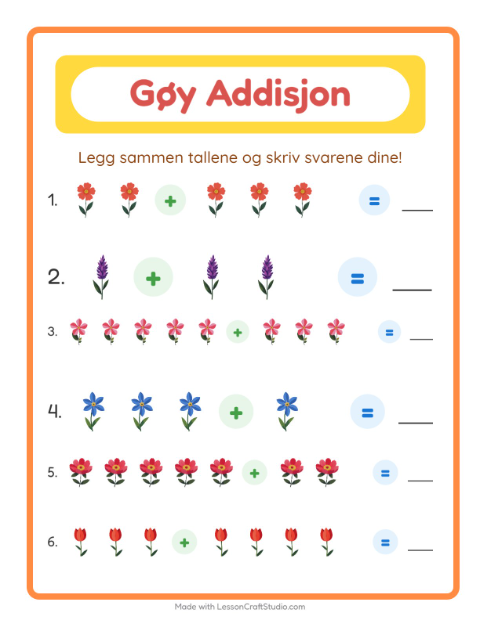 Forhåndsvisning av Addisjon-arbeidsark med Blomster for Barnehage (5-7 år)