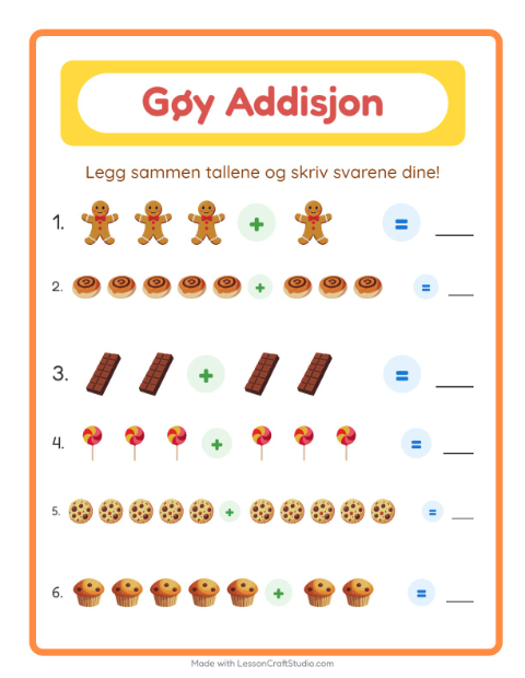 Forhåndsvisning av Addisjon-arbeidsark med Desserter og godteri for Barnehage (5-7 år)