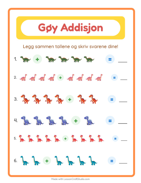 Forhåndsvisning av Addisjon-arbeidsark med Dinosaurer for Barnehage (5-7 år)