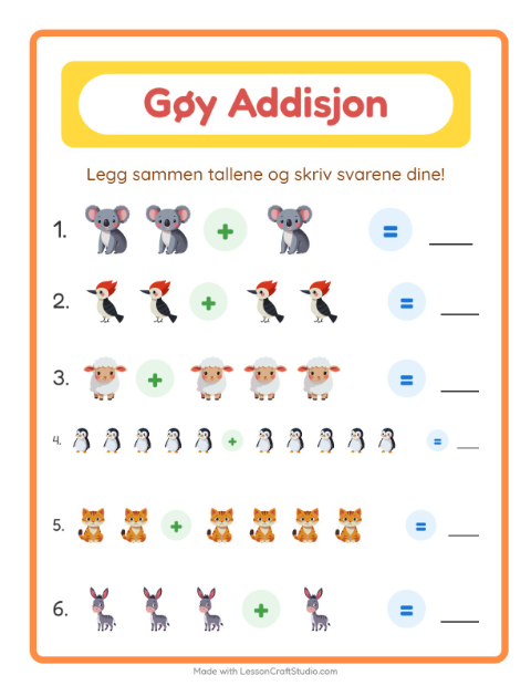 Forhåndsvisning av Addisjon-arbeidsark med Dyr for Barnehage (5-7 år)