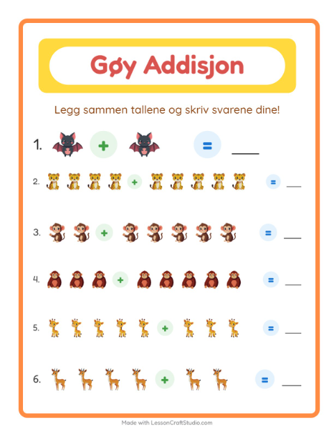 Forhåndsvisning av Addisjon-arbeidsark med Dyrehagedyr for Barnehage (5-7 år)