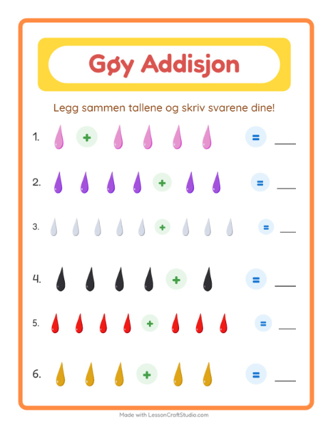 Forhåndsvisning av Addisjon-arbeidsark med Farger for Barnehage (5-7 år)